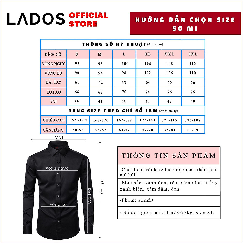 Áo sơ mi nam trơn tay dài cao cấp Lados - 779 chất kate lụa mềm mát, thấm hút mồ hôi - Hình ảnh 13