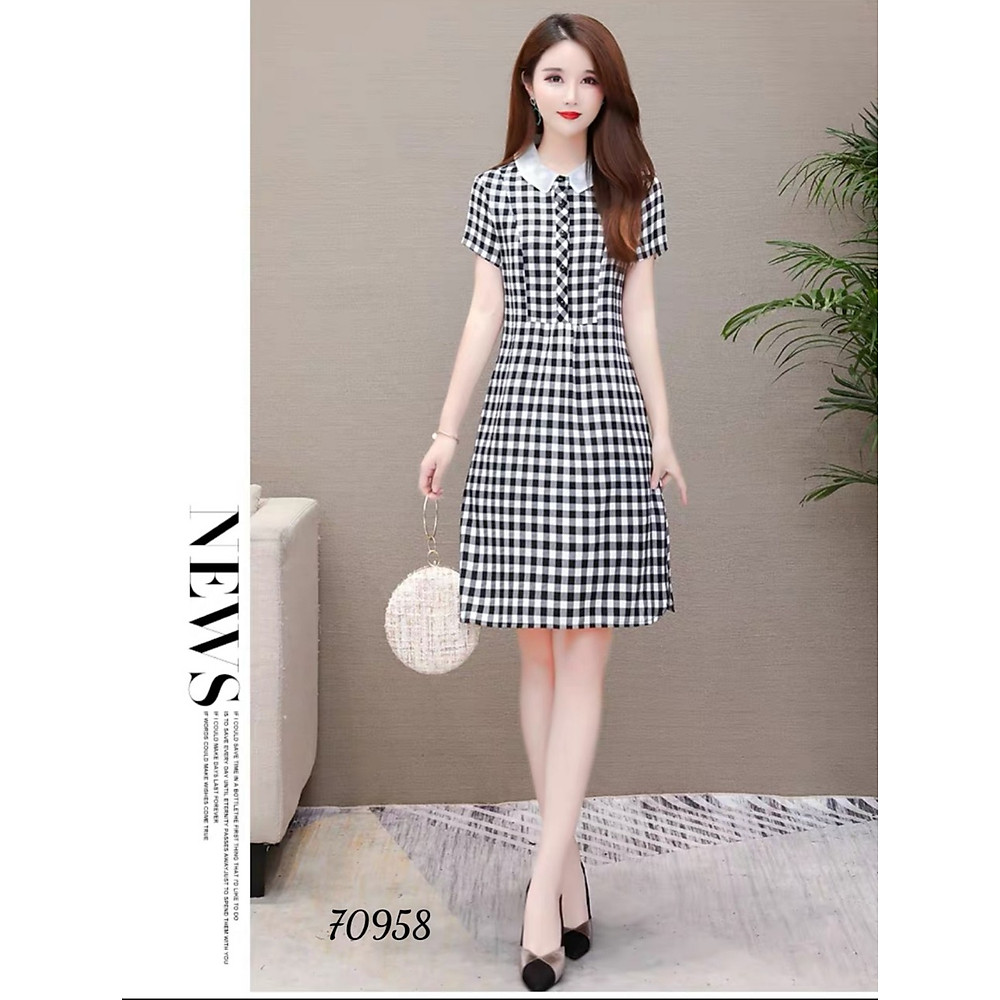 Đầm xòe sọc caro phối cổ trắng xinh xắn thanh lịch đủ size từ 38-71kg - Hình ảnh 2