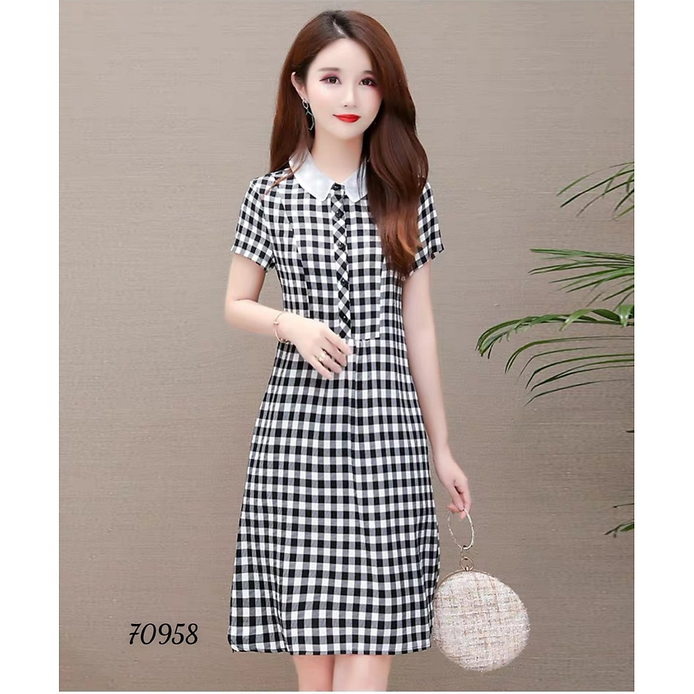 Đầm xòe sọc caro phối cổ trắng xinh xắn thanh lịch đủ size từ 38-71kg - Hình ảnh 4