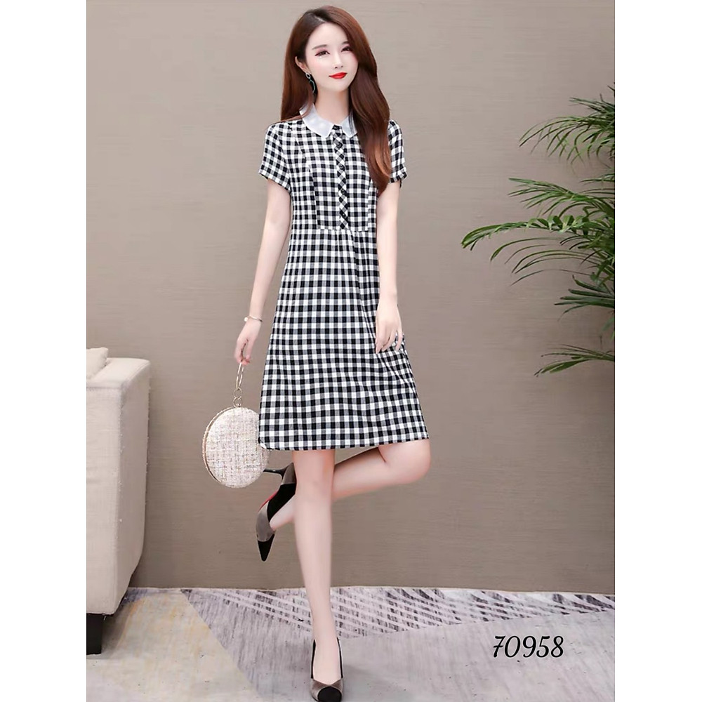 Đầm xòe sọc caro phối cổ trắng xinh xắn thanh lịch đủ size từ 38-71kg - Hình ảnh 5