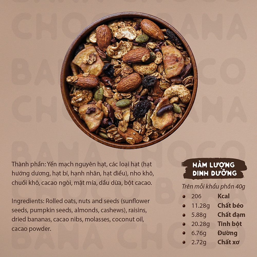 Ngũ Cốc Yến Mạch Nguyên Hạt Vị Cacao 400G Không Đường Tinh Luyện - CHOCO BANA GRANOLA HAPPI OHA - Ăn Kiêng/Ăn Sáng (Có Quả Khô) - Hình ảnh 2