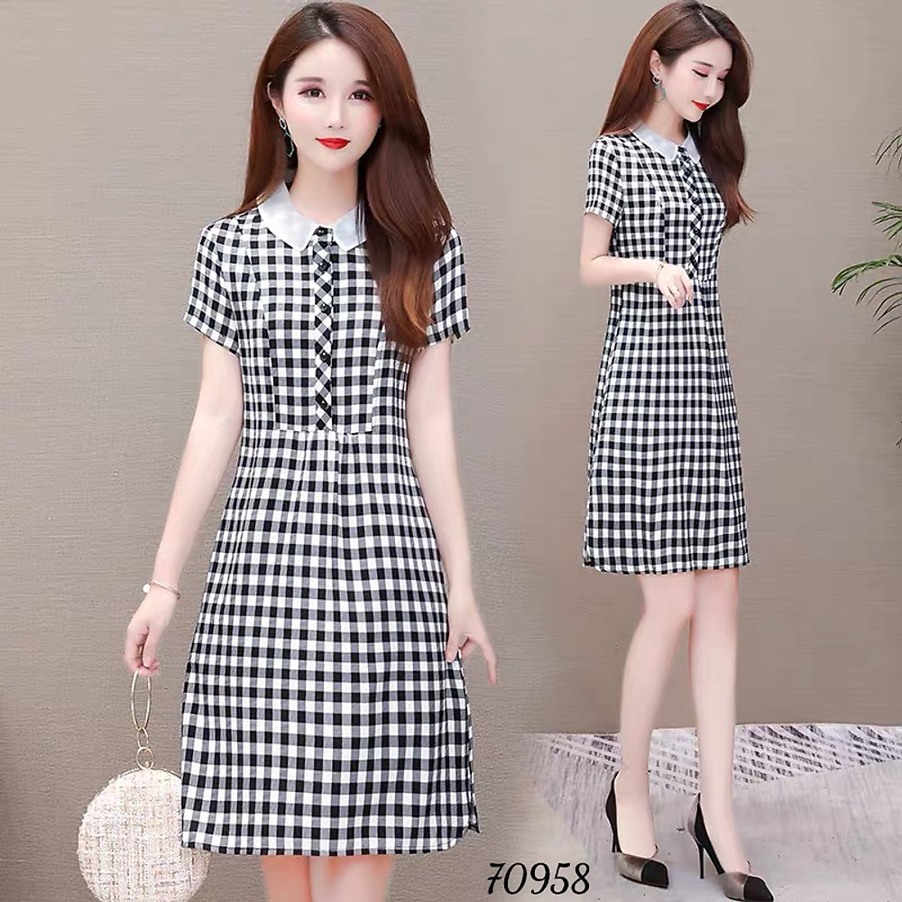 Đầm xòe sọc caro phối cổ trắng xinh xắn thanh lịch đủ size từ 38-71kg - Hình ảnh 6