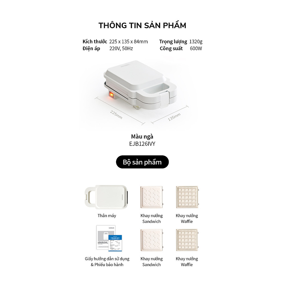 Máy kẹp nướng bánh LocknLock EJB126IVY (600W) - Hàng Chính Hãng - Hình ảnh 11